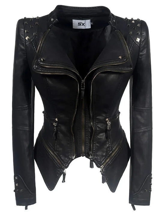 Punk Rivet Short Denim Slim Jackets Women Wash Long Sleeve Vintage Casual Studs Jean Outerwear Motorcycle Denim Coat Large Size SS69 66.69 Black PU / EU Size L