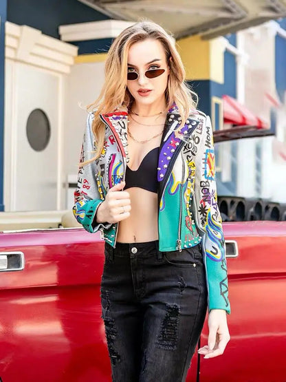 Womens Rivet Beading Pu Jacket Hit Color Streetstyle Graffiti Outerwear Letters Printed Leather Jackets Short Punk Street Coat SS69