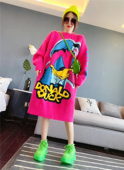 Korean Long-Sleeved Pullover Sweater Loose Fashion Women Autumn Winter Cartoon Embroidered Thickened Long Section Knitted Top SS69