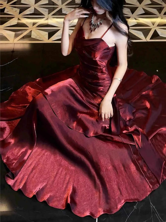 Women Summer New Elegant Ruffled Maxi Dress Light Luxury Bodycon Sling Fishtail Dresses Vintage Party Gown Prom and Events