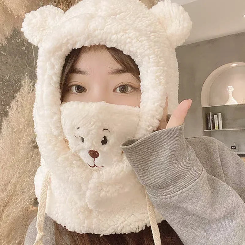 Winter Cartoon Hat With Mask Bear Lamb Beanie Hats Warm Thickened Ear Protection Skullies Beanies for Women Girl Kawaii SS69