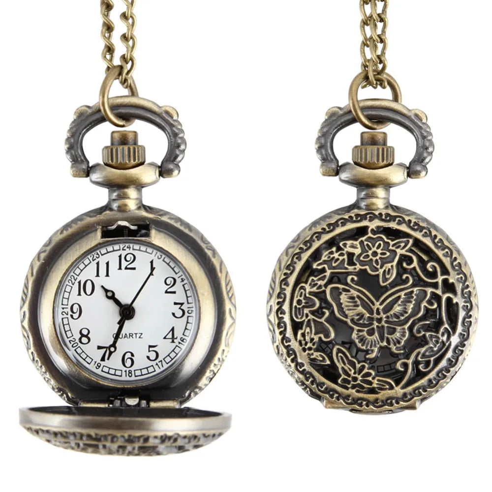 Fashion Women Quartz Pocket Watch Alloy Hollow Out  Butterflies Vintage Sweater Chain Necklace Pendant Clock Gifts SS69 8.69 Brown