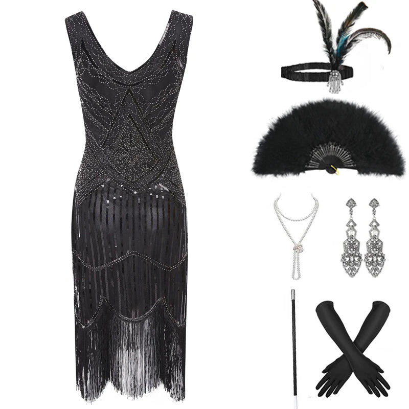 1920s Gatsby Dress 20s Flapper Girl Fancy Retro Sleeveless Sequins Embroidered Tassels Party Dress With Fan Necklace Accessories SS69 58.69 black / XXL / CHINA