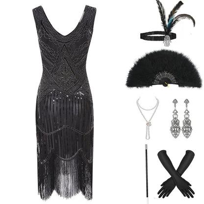 1920s Gatsby Dress 20s Flapper Girl Fancy Retro Sleeveless Sequins Embroidered Tassels Party Dress With Fan Necklace Accessories SS69 58.69 black / XXL / CHINA