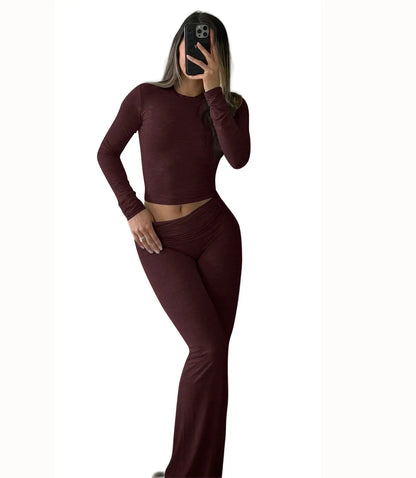 Women's Yoga Two-Piece Set Long-Sleeve Wide-Leg Activewear Set Casual Home Yoga Set Coordinated Set