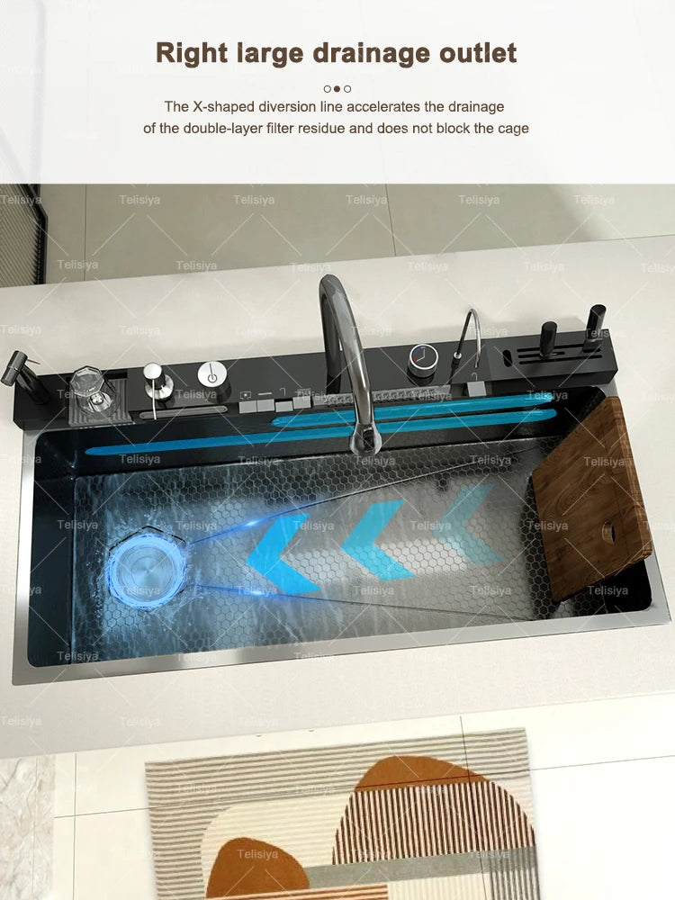 TELISIYAC Stainless Steel Waterfall Kitchen Sink - Large Single Bowl