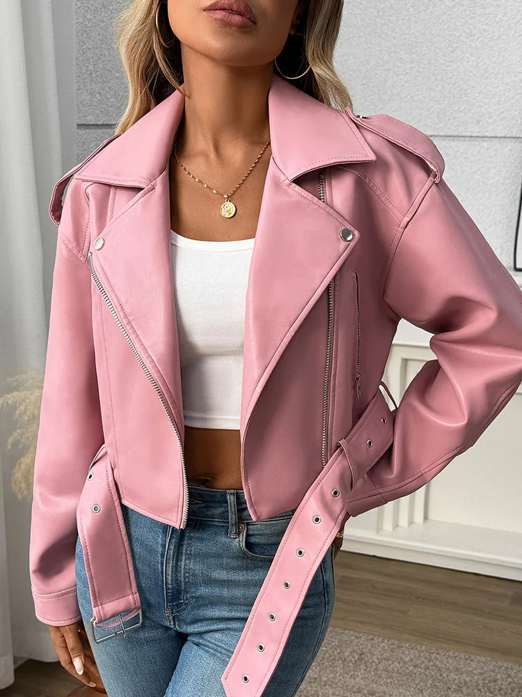 Ailegogo Women's Faux Leather Moto Jacket with Belt