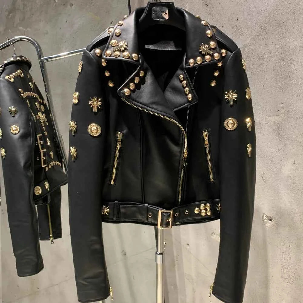 Leather Jacket Rivet High Street Ladies Autumn and Spring Fashion Wear Genuine Sheepskin Jacket 5860