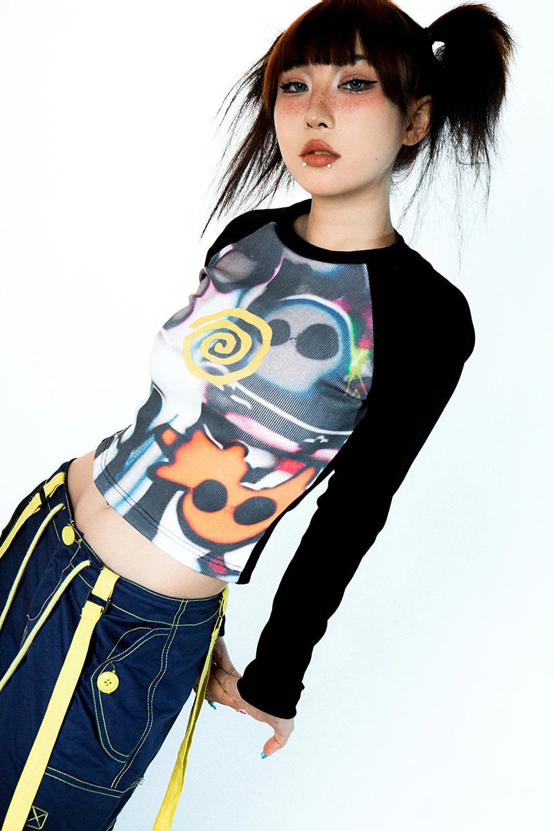 Women Vortex Skull Print Long Sleeve Raglan Stitch Backing T-Shirt Tops Fairy Grunge Graphic Vintage Y2k Slim Long Sleeve Top SS69