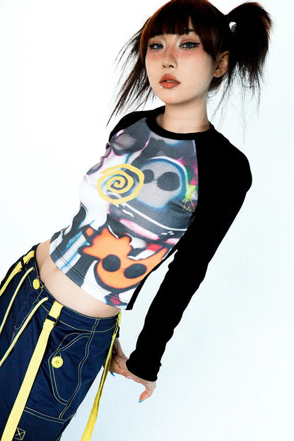 Women Vortex Skull Print Long Sleeve Raglan Stitch Backing T-Shirt Tops Fairy Grunge Graphic Vintage Y2k Slim Long Sleeve Top SS69