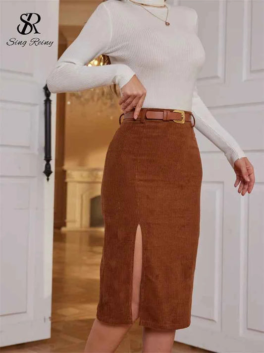 SINGREINY Women Korean Split Sexy Long Skirt 2024 Winter Corduroy Slim Thick Streetwear Fashion Vintage Autumn Bodycon Skirt