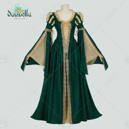 DAIZBELLA Women Medieval Renaissance Costume Pseudo-two-piece Vintage Renaissance Fair Dress with Wide Sleeves Lace