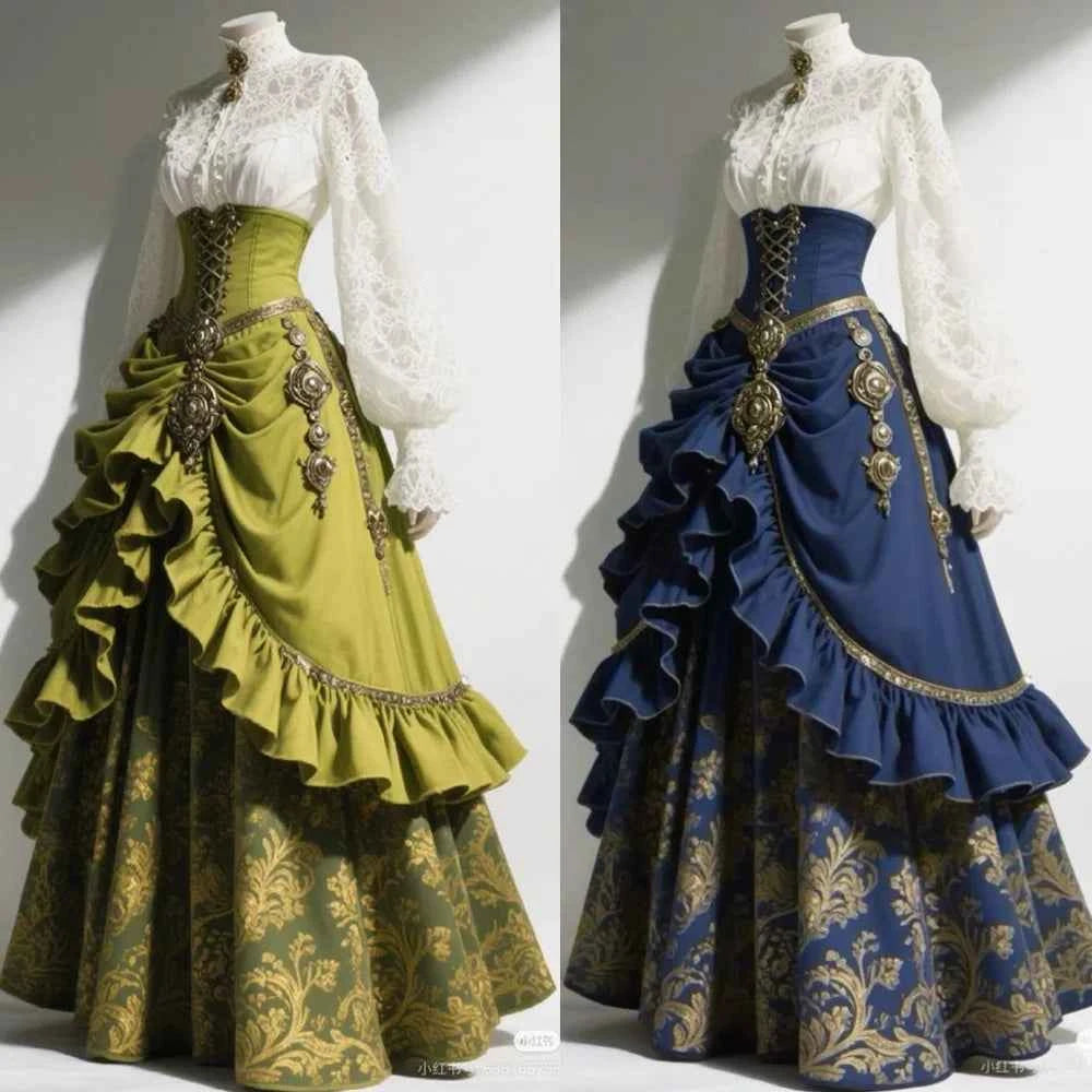 2 Pcs Set Vintage Renaissance Gothic High Waist Corset Lace-up Ruched French Victorian Steampunk Dress Long Skirt Evening Gown