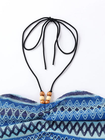 Geo Pattern Beaded Halter Crop Top, Vacation Style Backless Crop Top For Summer, Women's Clothing SS69