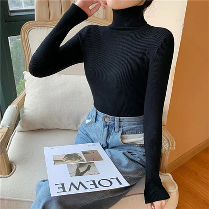 2025 Autumn Winter Women Long Sleeve Knitted Foldover Turtleneck Ribbed Pull Sweater Soft Warm Femme Jumper Pullover Clothes SS69