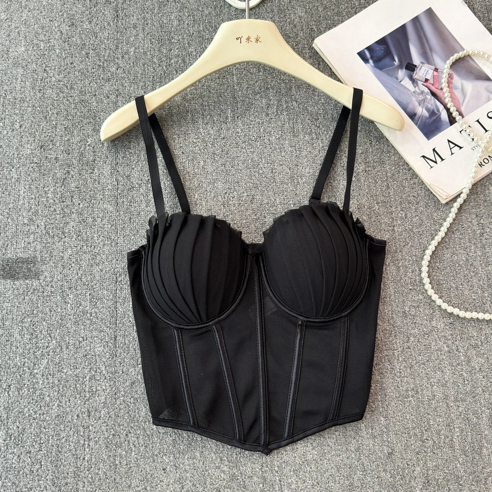 korean fashion mesh summer Fashion fishbone camis Corset  Slim Hotsweet Tank Top Women sweet crop top SS69 23.69 black / 40