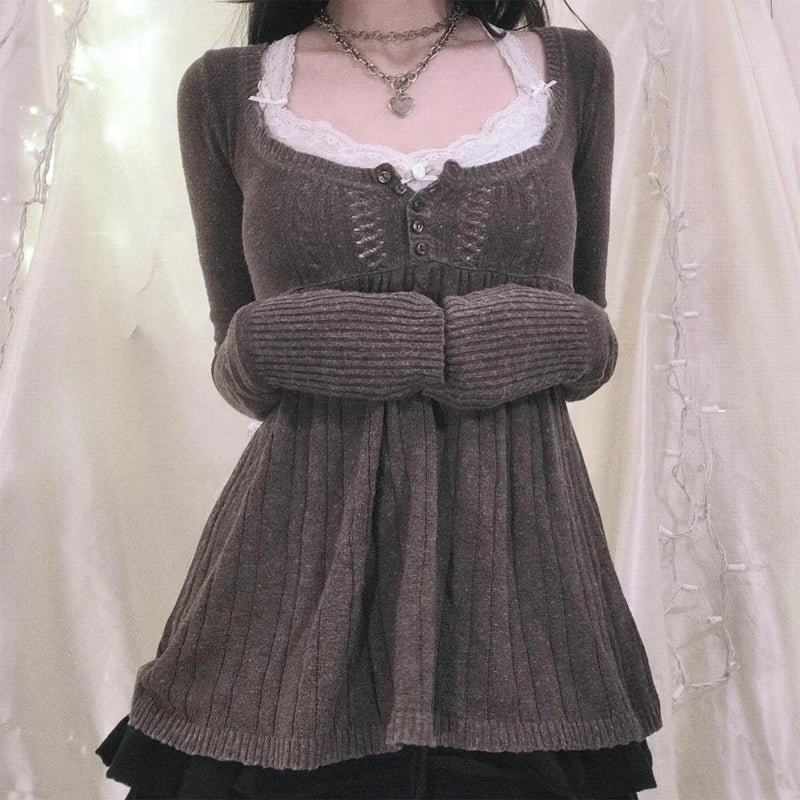 2000s Vintage Long Sleeve Babydoll Knitted Sweater Tops Cottage Milkmaid Pullovers Aesthetic Grunge Y2k Knitwear T-shirts Women SS69