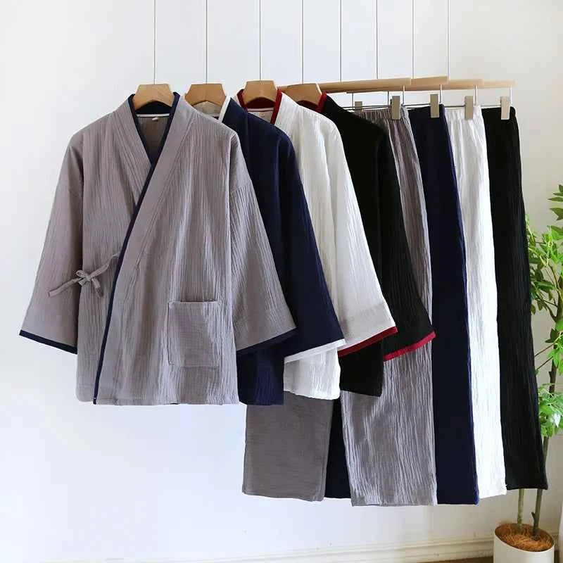 Japanese Style Spring and Autumn Thin Men's Kimono Hanfu Pure Cotton Gauze Pajamas Plus Size Home Steaming Suit