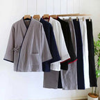 Japanese Style Spring and Autumn Thin Men's Kimono Hanfu Pure Cotton Gauze Pajamas Plus Size Home Steaming Suit
