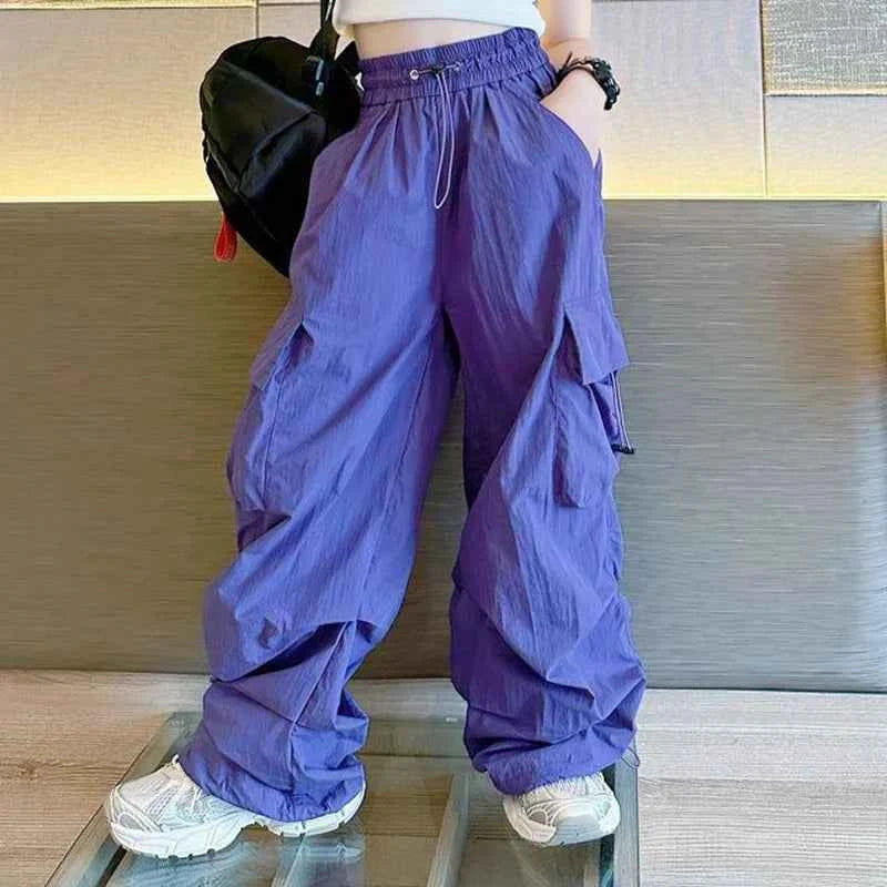 5-14Y Kids Hip Hop Joggers Pants Girls Cargo Pants Teenage Straight Trousers High Waist Vintage Casual Streetwear Baggy Pants