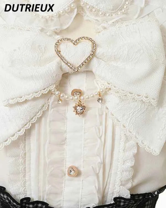 Japanese Mine Off-Shoulder Pearl Collar Cute Sweet Big Bow Shirt Skirt Outfit Women Summer New Lolita Short-Sleeved Shirt Skirts