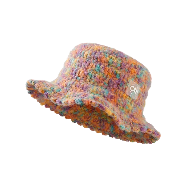 OhSunny Autumn Winter Wavy Brim Bucket Hats,Rainbow Cute Thermal Caps Women's Outdoor Warm Hand-knitted Fisherman Caps Packable
