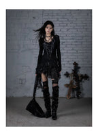 NO ROMANCE Fairy Sexy Punk Printing Half Transparent Lace Patch Knitted Long Sleeve Hooded Dresses Rock Gothic Design Vestidos SS69