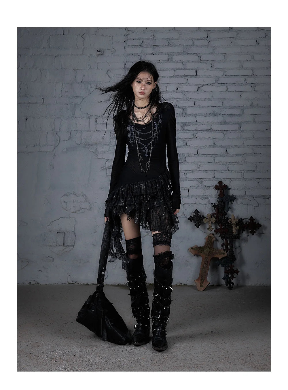 NO ROMANCE Fairy Sexy Punk Printing Half Transparent Lace Patch Knitted Long Sleeve Hooded Dresses Rock Gothic Design Vestidos SS69