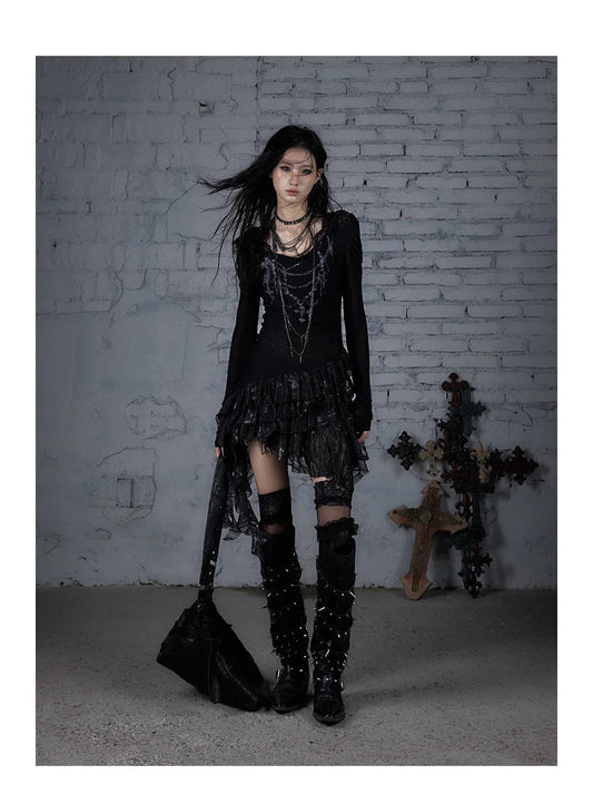 NO ROMANCE Fairy Sexy Punk Printing Half Transparent Lace Patch Knitted Long Sleeve Hooded Dresses Rock Gothic Design Vestidos SS69