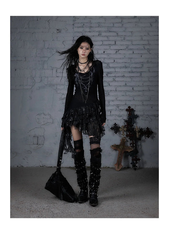 NO ROMANCE Fairy Sexy Punk Printing Half Transparent Lace Patch Knitted Long Sleeve Hooded Dresses Rock Gothic Design Vestidos SS69