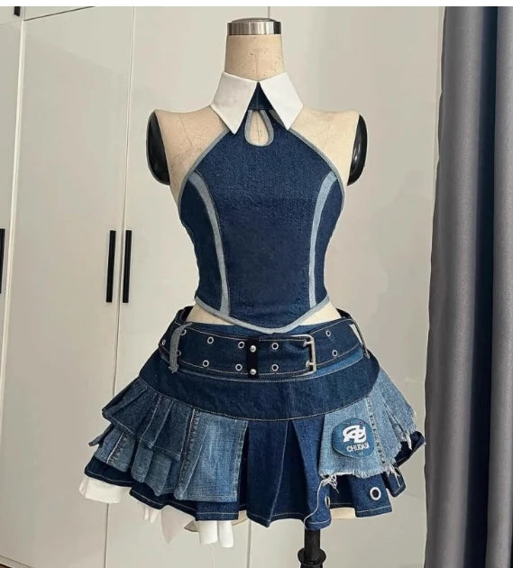 Harajuku Retro Summer New Girl Multi-layer Pleated Skirt Suit Heavy Industry Women's 2 Piuece Sets Lace Splicing Irregular Top SS69 59.69 B / S