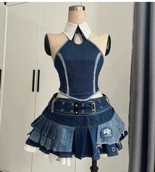 Harajuku Retro Summer New Girl Multi-layer Pleated Skirt Suit Heavy Industry Women's 2 Piuece Sets Lace Splicing Irregular Top SS69 59.69 B / S