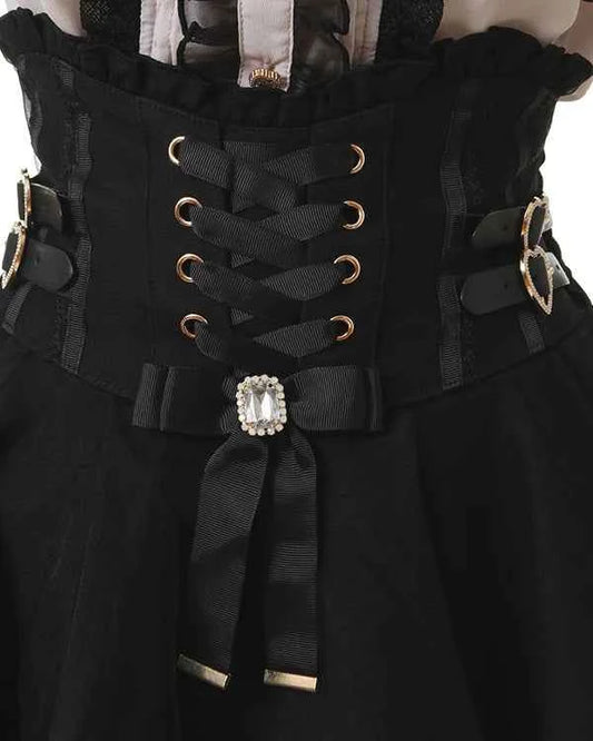 Japanese Liz New Summer Lace Edge Leather Ring High Waist Pleated Skirt Ribbon Bow All-match Short Skirts Big Bow Lolita Blouses