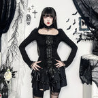 AltGoth Aesthetic Goth T-shirt Women Hotsweet Y2k E-girl 2000s Streetwear Lace Patchwork Square Collar Long Sleeve Crop Tee Tops - SS69