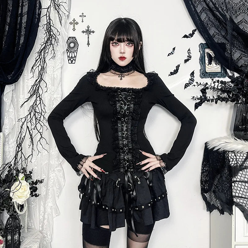 AltGoth Aesthetic Goth T-shirt Women Hotsweet Y2k E-girl 2000s Streetwear Lace Patchwork Square Collar Long Sleeve Crop Tee Tops - SS69