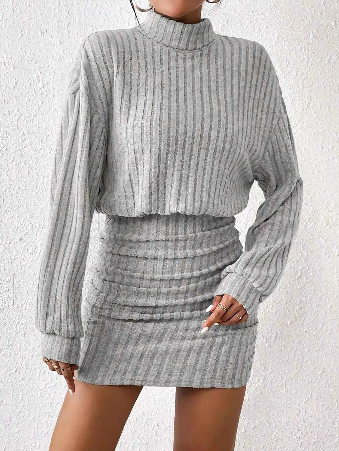 Women's Autumn Winter Fashion High Neck Knitted Sweater Dress Female Casual Solid Loose Long Sleeve Warm Mid Length Dresses