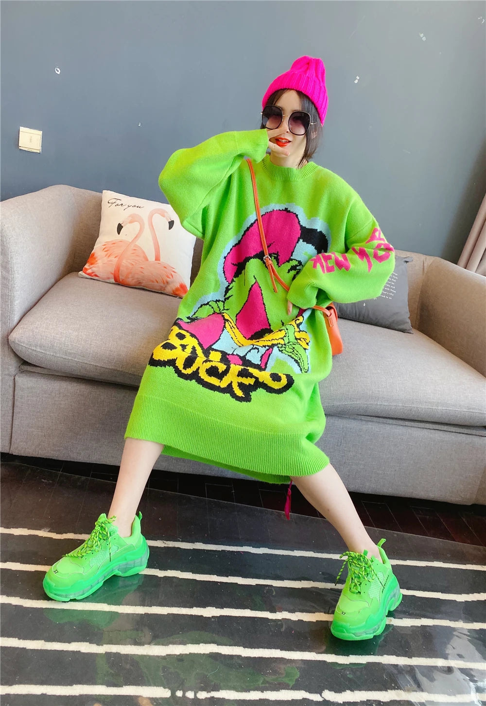 Korean Long-Sleeved Pullover Sweater Loose Fashion Women Autumn Winter Cartoon Embroidered Thickened Long Section Knitted Top SS69