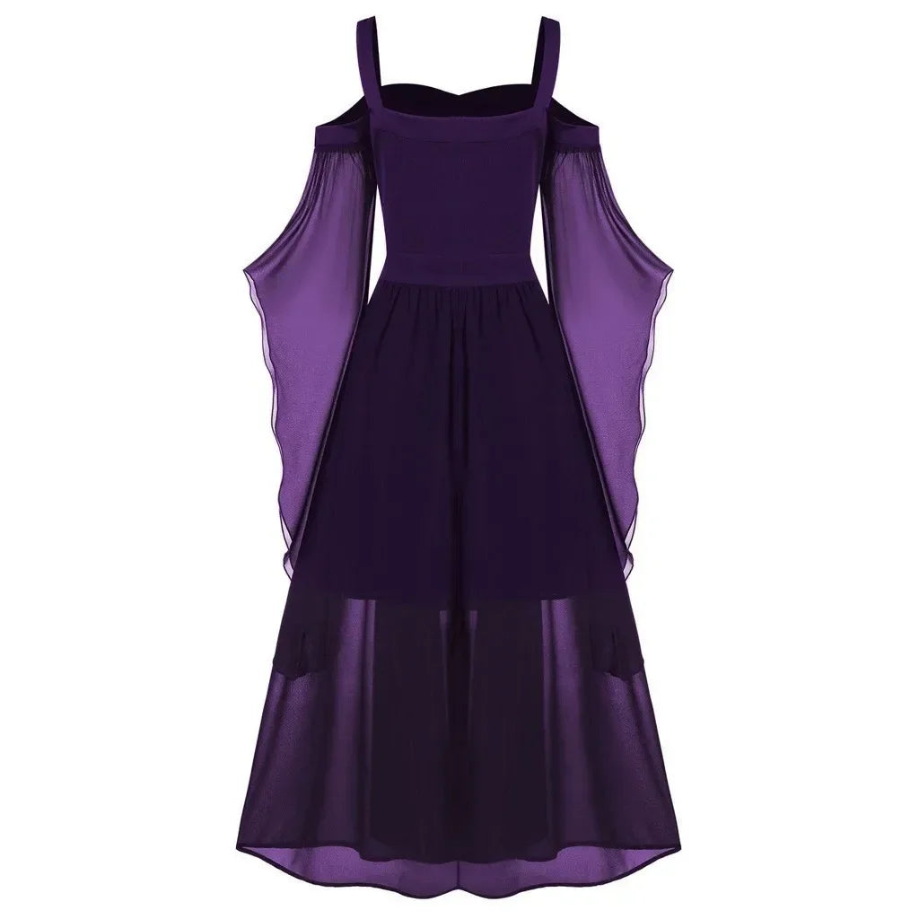 New Medieval Witch Dress for Women Halloween Carnival Women Plus Size Cold Shoulder Butterfly Sleeve Halloween Gothic Dress