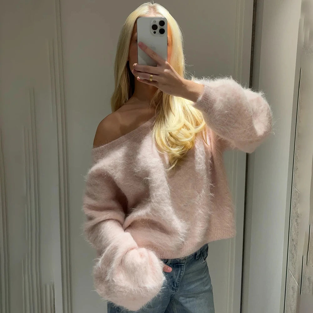 Talenza Women's Plush Pullover Fashion Solid Loose High Street Sweaters Vintage Chic Strapless Autumn Casual Female Pullovers