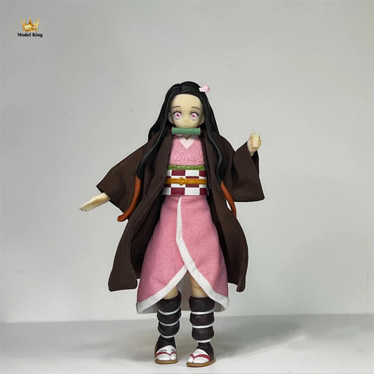 Handmade 1/12 Classic Anime Character Kamado Nezuko Coffee Colored Kimono Pink Skirt Set Fit shf Action Figures Body Model SS69