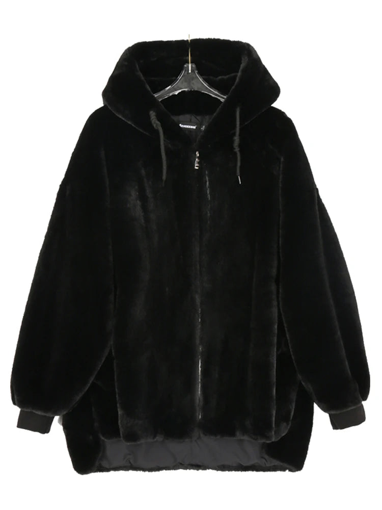 Nerazzurri Winter White Oversized Faux Fur Jacket Women with Hood Raglan Sleeve Zipper Korean Fashion Clothing for Womens 2021