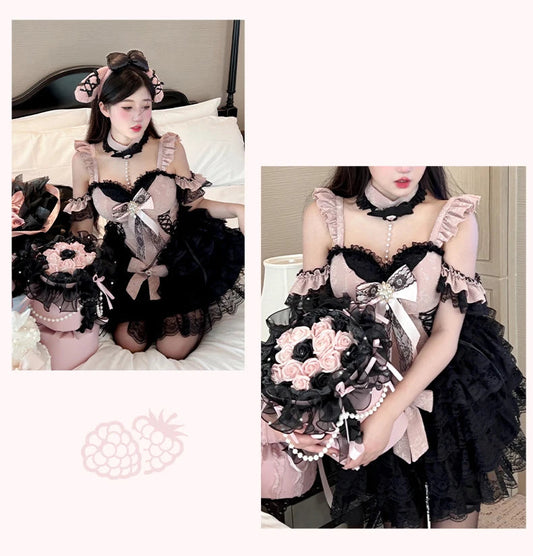 2024 New Spring Summer Ladies Exquisite Lace Skirt Suit Lolita Sweet Womens Black Pink Bow Tube Top Sling Short Cake Skirt Set SS69