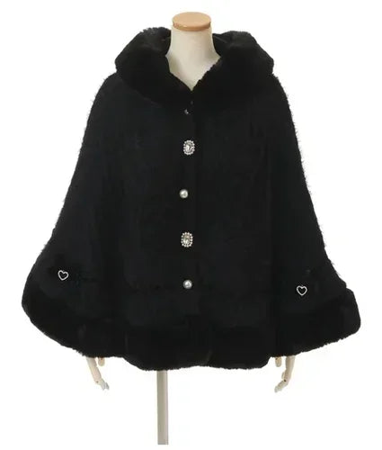 Godivana Women's Double-Layer Hooded Knitted Poncho with Ribbon