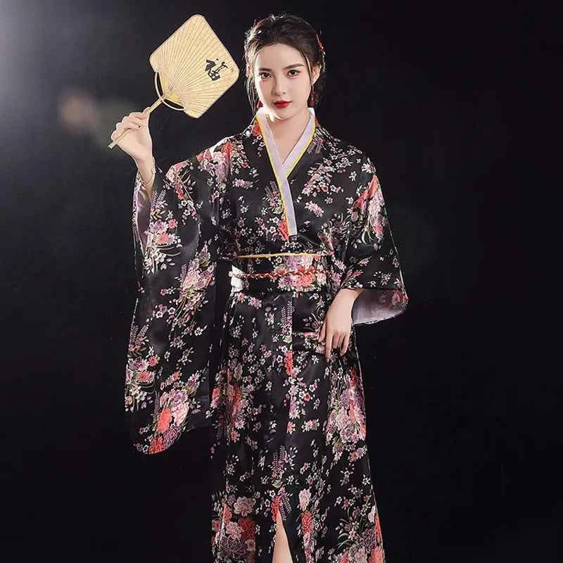 Women's Japan Kimono Gown Traditional Vintage Dress Fashion Print Geisha Robe Yukata with Obi Novelty Elegants Kimono Costume