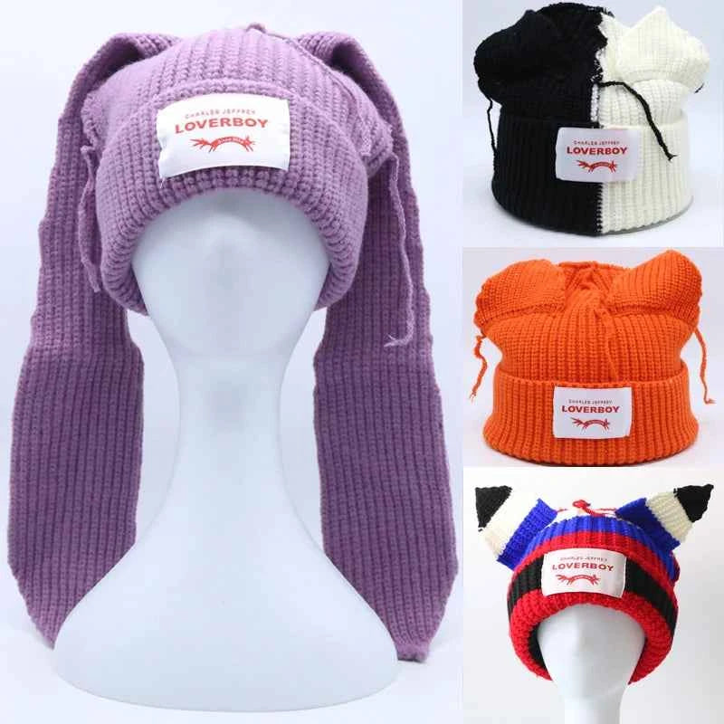 Long fox Ears Knitted Hat Men Women Rabbit Ear Warm Crochet Beanies Kpop Hip Hop Hat Winter Skullies Cap Y2k Christmas Gifty