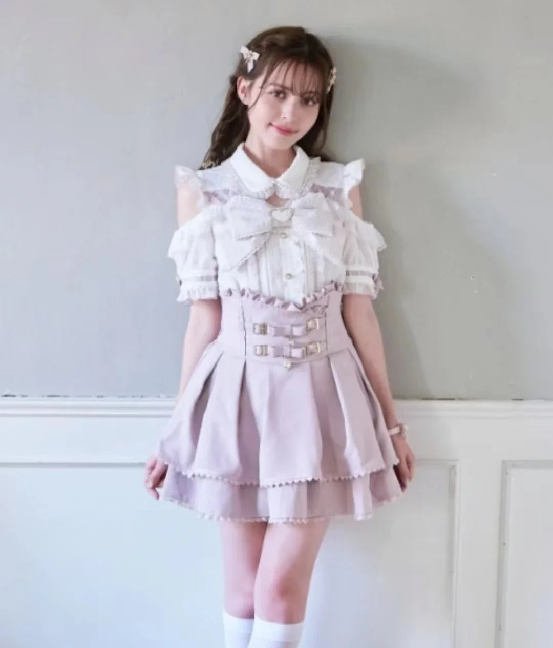 Japanese Liz Mine Women's Shirt Summer Off Shoulder Big Bow Short Sleeve Top Cute Girl BlousesHigh Waist Skirt 2 Piece Skirt Set SS69