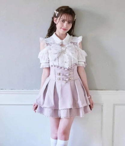 Japanese Liz Mine Women's Shirt Summer Off Shoulder Big Bow Short Sleeve Top Cute Girl BlousesHigh Waist Skirt 2 Piece Skirt Set SS69