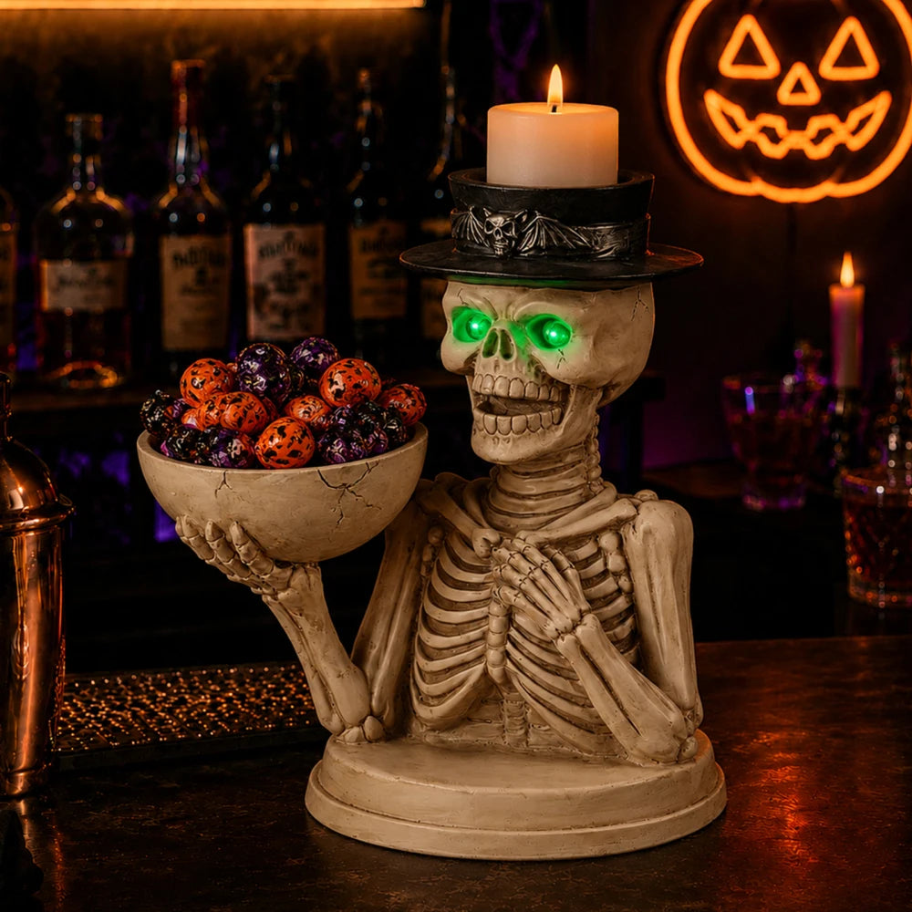 Halloween Pumpkin Candy Bowl with Witch Hat, Light Up Jack O Lantern Decoration, Spooky Tabletop Storage Container for Home Party Decor