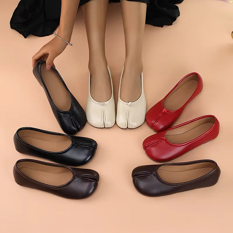 Women's Split-Toe Tabi Ballet Flats, Soft Leather Slip-On