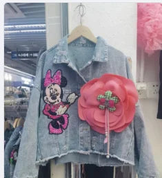 Fashion Brand Jeans Coat Women's Spring Autumn New Heavy Industry Cartoon Sequins Chaqueta High Street Loose-Fitting Denim Coats - SS69